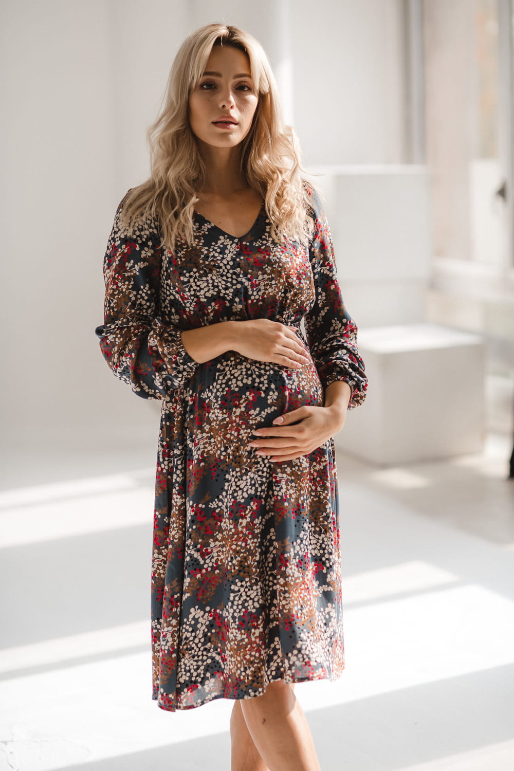 Midi Umstands- und Stillkleid blaugrau gesprenkelt